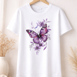 Дамска Бяла Тениска Лилава Пеперуда